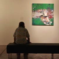 art gallery bench green painting