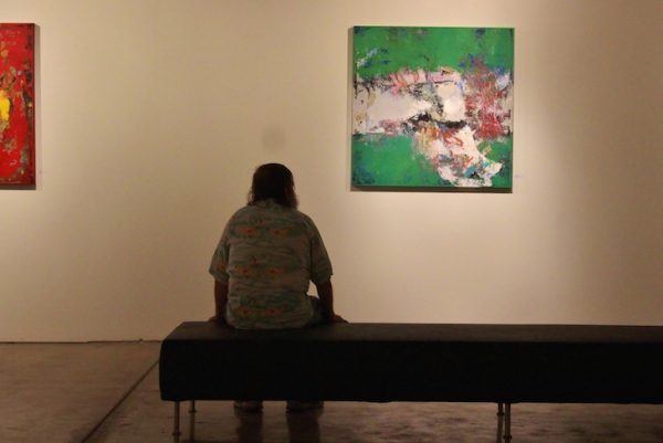 art gallery bench green painting